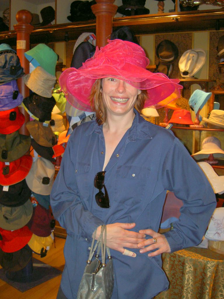 Steph trying on wedding hat